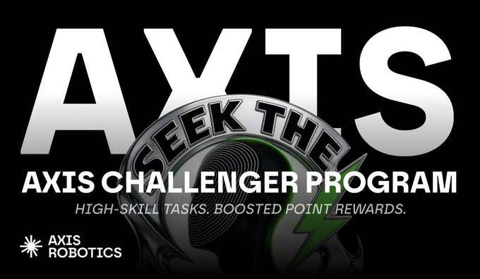 AXIS Robotics promotional graphic for the 'AXIS CHALLENGER PROGRAM' featuring 'SEEK THE' badge text and the tagline 'HIGH-SKILL TASKS. BOOSTED POINT REWARDS.'
