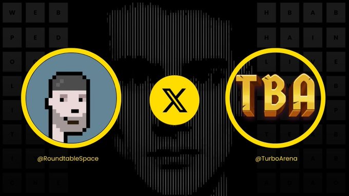 The image shows a "vs" style matchup graphic featuring a pixelated character avatar for @RoundtableSpace on the left and bold gold "TBA" text for @TurboArena on the right, with "WE BUILD" in the top corners, visually representing the two parties facing off in a competitive showdown. The pixel-art character and bold gaming-style design elements reinforce the post's announcement about Turbo Battle Arena, a skill-based 2D multiplayer combat game.