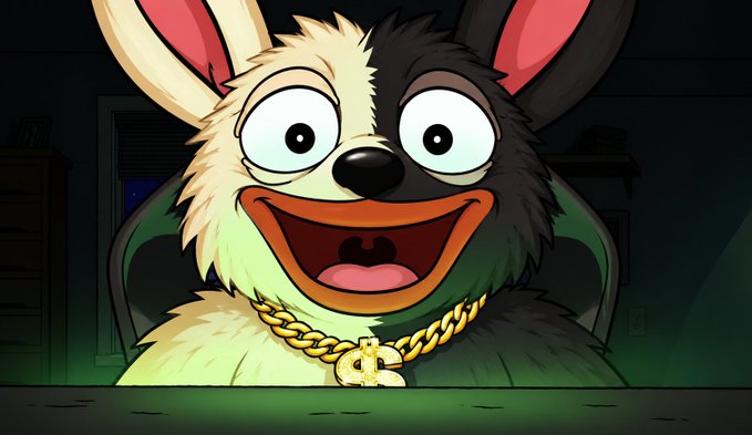 An animated cartoon character split into two halves—a light tan and a dark furry side—smiles widely while wearing a thick gold dollar-sign chain around its neck.