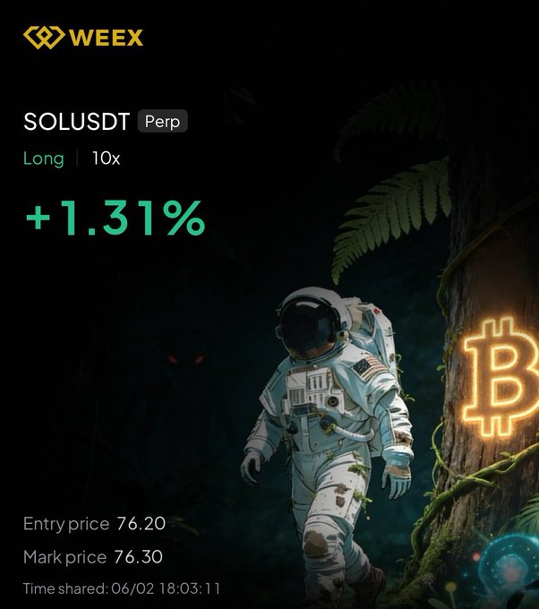 The image is of a person dressed as an astronaut walking on the ground towards a tree with a sign reading "bitcoin" underneath them. The person appears to be walking away from a neon light sign that says "bitcoin", which is illuminated by a green light, possibly indicating Bitcoin's presence in the scene. In the background behind the sign, there are plants growing along the edge of a forest floor.