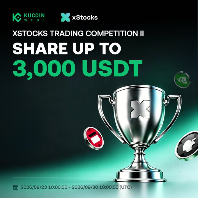 A sleek promotional image announces the "xStocks Trading Competition II" by KuCoin Web3 and xStocks, featuring a silver trophy with the xStocks logo alongside floating Apple and other branded tokens. The ad highlights a prize pool of up to 3,000 USDT and shows the event running from 2026/09/23 10:00:00 to 2026/09/30 10:00:00 UTC, encouraging users to trade xStocks tokens via the KuCoin Web3 Wallet Swap.