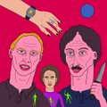 Image 6: A cropped digital artwork featuring stylized portraits of a blonde man and a brunette woman with wide eyes, set against a bright pink background with small colored circles.