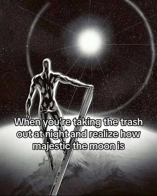 A black-and-white illustration shows a metallic humanoid figure standing on a rocky surface, gazing upward at a brilliantly glowing moon surrounded by a halo against a starry sky, with text reading "When you're taking the trash out at night and realize how majestic the moon is." The image humorously captures the awe-inspiring sight of the moon at night—fitting a "GM Mfers" (good morning) post by evoking that universal early-morning or nighttime moment of unexpected celestial wonder.