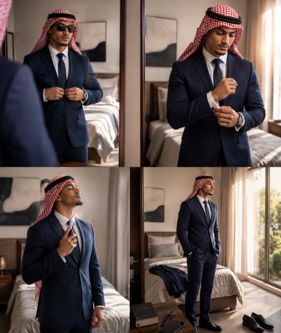The image features a man dressed in a suit and tie, standing in front of a bed with his shoes placed beside him. There are four photos of the man wearing the suit and tie, each capturing different moments from his appearance or outfit. The man is also seen adjusting his tie multiple times throughout the images.
