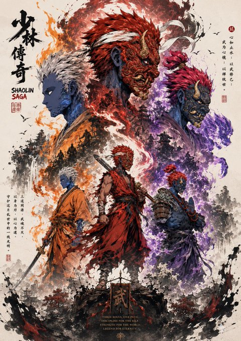 The image features a poster with five different characters, each wearing robes of various colors such as red, orange, purple, blue, and black. The characters are depicted in a dynamic pose, suggesting movement or action. The poster also includes Chinese characters that translate to "Shinlin Saga". The background is filled with smoke, adding an element of mystery and intrigue to the overall composition.