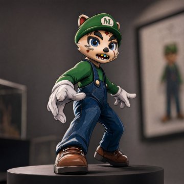A stylized figurine of a cartoon character wearing a green cap with an "M" logo, blue overalls, and a green shirt, displayed on a black pedestal.