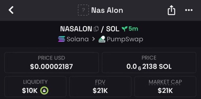 A cryptocurrency tracking screen showing 'NASALON / SOL' token details with a price of $0.00002187 USD and $21K market cap on Solana/PumpSwap.