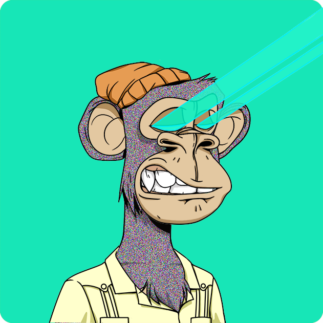 A cartoon monkey with laser beam eyes and an orange beanie grins widely against a teal background, illustrating the post's reference to "monkey NFTs." The image's bold, graphic style aligns with the digital collectible aesthetic typical of NFT artwork.