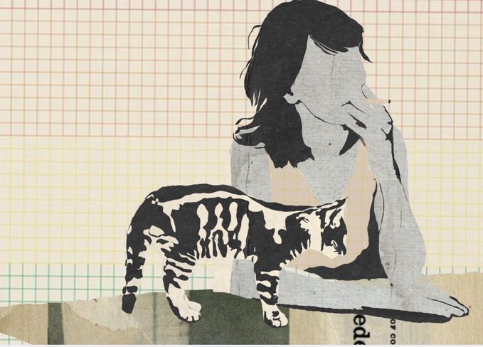 A mixed-media collage artwork depicting a woman and a child petting a black and white striped cat against a grid paper background.