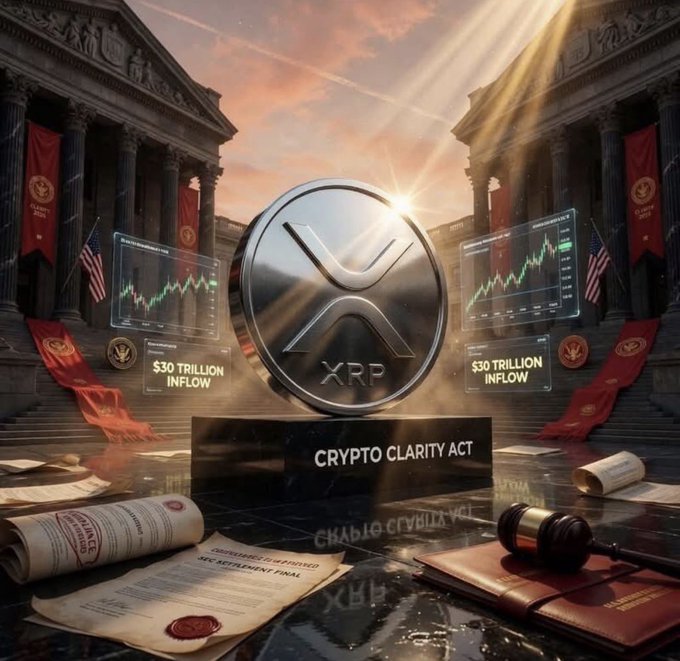 A stylized digital artwork featuring an XRP coin between neoclassical buildings, flanked by charts showing '$30 TRILLION INFLOW' and labeled 'CRYPTO CLARITY ACT'.