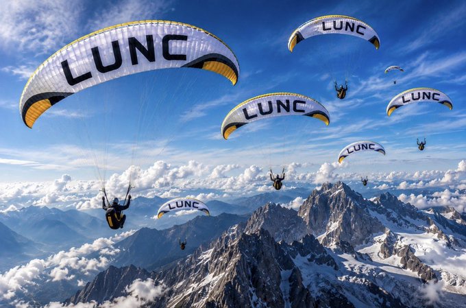 Multiple paragliders branded with "LUNC" soar above snow-capped mountains and clouds, visually representing Terra Classic ($LUNC) taking flight toward the future while the crypto industry discusses blockchain's potential.