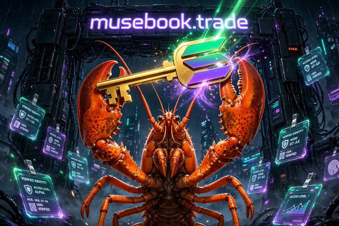 A digital art banner for "musebook.trade" featuring a vibrant orange lobster holding a glowing rainbow key against a cyberpunk cityscape background.