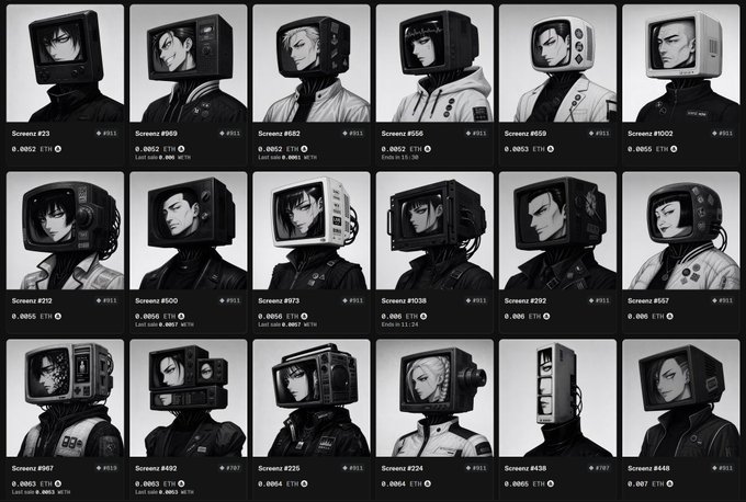 A grid of 18 black-and-white digital portraits of humanoid figures with vintage CRT televisions for heads, each labeled with a 'Screenz' number (e.g., #23, #969, #652) and an ETH price.