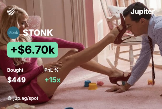 An advertisement showing a woman on the floor while a man holds her leg, overlaid with stock-related graphics for 'STONK' displaying '+$6.70k', 'Bought $449', 'Pnl % +15x', and links to jup.ag/spot.