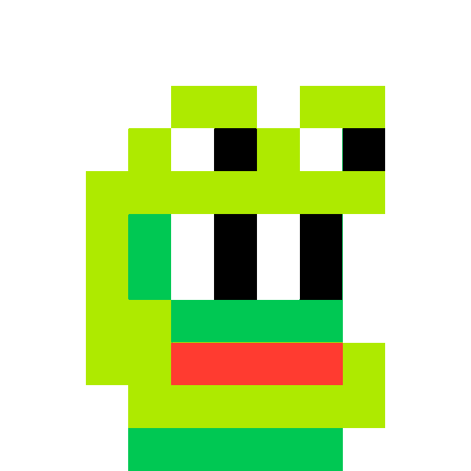 A retro 8-bit style pixel art depiction of a green character with black square eyes and a red mouth, rendered in blocky lime green, dark green, and white colors.
