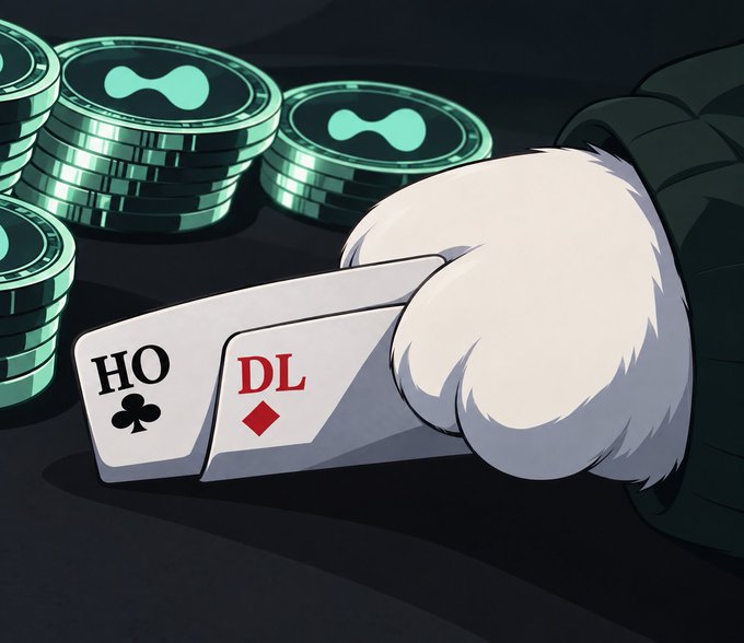 Digital artwork showing a white fluffy paw holding two playing cards labeled 'HO' with a club suit and 'DL' with a diamond suit, next to stacks of green cryptocurrency-style coins.