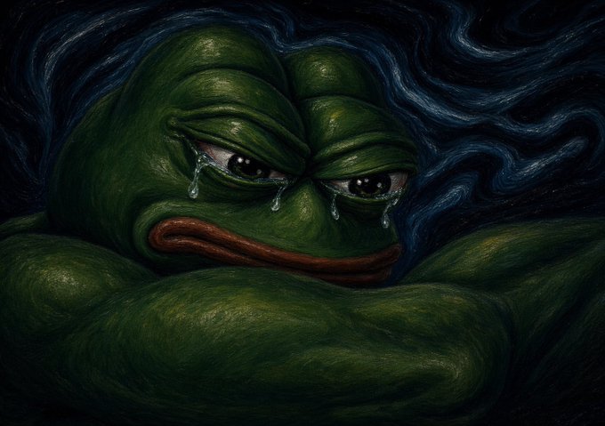 A dark, stylized painting depicts a green Pepe the Frog with tears streaming down his face and a frowning red mouth, set against a swirling dark blue background reminiscent of Van Gogh's Starry Night.