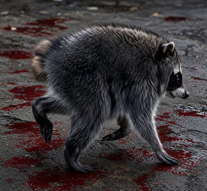 A raccoon walks across cracked pavement stained with pools of dark red liquid, captured in a cinematic, dark style.