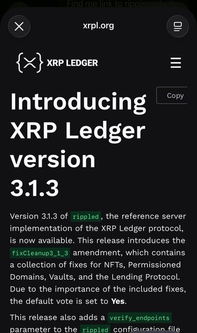 The image shows a phone screen with an XPLCleaner update for the XRP Ledger protocol. The update has been released, and it provides important fixes across NFTs, Permissioned Domains, Vaults, and the lending Protocol. This release also adds a verifier endpoints feature to the XPLCleaner, which is set to be available in a few days. The image focuses on the XPLCleaner update and its impact on the XRP Ledger protocol.