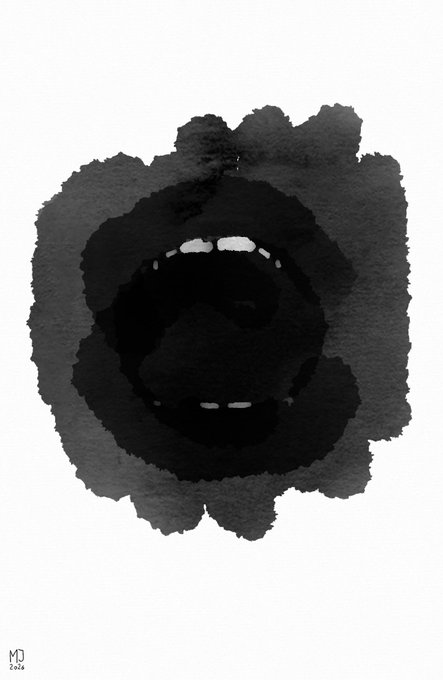 A black inkblot illustration resembling a Rorschach test on a white background, signed 'MD 2020'.