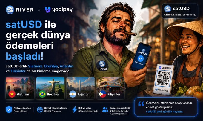 The image features a poster for SatUSD that has been translated into multiple languages including Vietnamese, Spanish, Portuguese, and English. The poster shows a man holding up his phone with a "SatUSD" app logo displayed on its screen. The text in the image suggests that SatUSD is now being used in real-world situations such as making payments at street vendors or local businesses in countries like Vietnam, Brazil, Argentina, and the Philippines. This integration of SatUSD into various locations indicates its growing popularity and acceptance among different cultures and markets around the world.