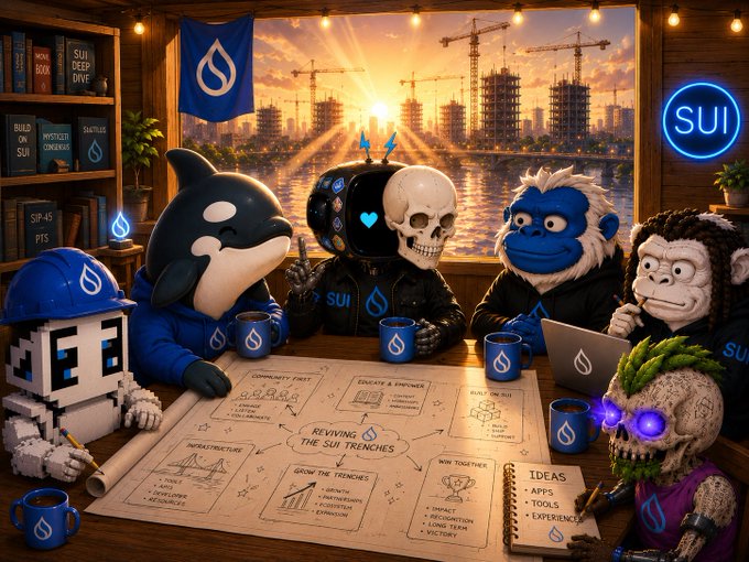 A digital illustration featuring various characters including an orca, a skull-headed figure, a gorilla, a monkey, and a skull with glowing purple eyes gathered around a blueprint titled 'REVIVING THE SUI TRENCHES,' with SUI branding and logos throughout.