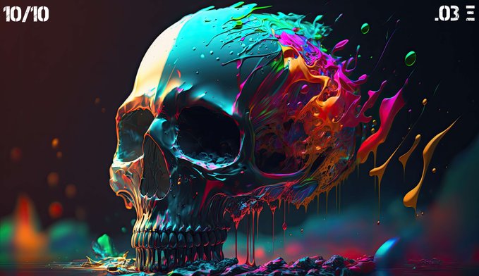 A vibrant digital artwork of a human skull rendered in colorful paint splashes, with '10/10' and '.03' visible in the top corners.