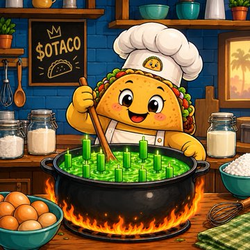 A colorful cartoon illustration of an anthropomorphic taco character wearing a chef's hat, stirring a large black cauldron filled with green liquid and candlestick charts over flames, with a sign reading '$OTACO' in the background.