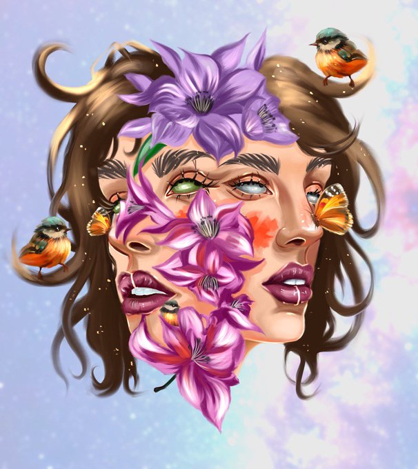A surreal digital illustration of a fragmented face composed of multiple overlapping profiles, adorned with purple flowers, butterflies, and two small colorful birds against a soft pastel background.