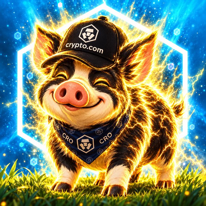 A vibrant digital artwork depicting a smiling pig wearing a black cap and bandana branded with crypto.com and CRO logos, surrounded by glowing blue hexagonal patterns and yellow energy effects.