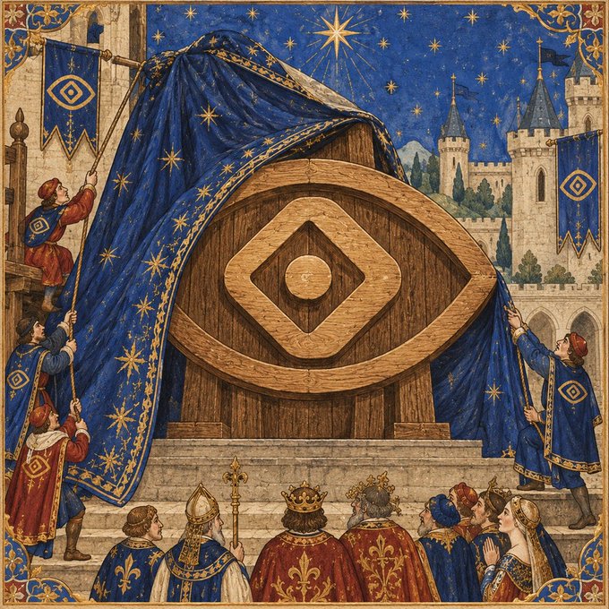A medieval-style illustration depicts a ceremonial unveiling by courtiers pulling back a star-studded blue cloth to reveal a large wooden shield bearing a diamond-in-circle emblem, while nobility—including a bishop, a crowned king and queen, and other robed figures—gather on stone steps before a castle under a starry sky. The accompanying 🤝 handshake emoji suggests themes of alliance, agreement, or revelation, fitting the scene's depiction of a solemn unveiling ceremony that brings together diverse figures of power and faith.