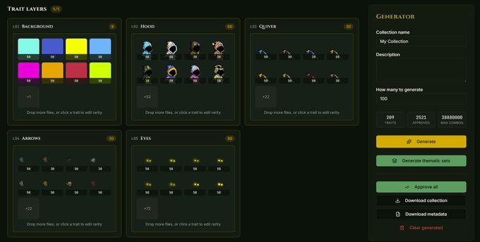 An NFT trait layer generator interface showing layers for Background, Hood, Quiver, Arrows, and Eyes, with a 'Generator' panel on the right to create collections.