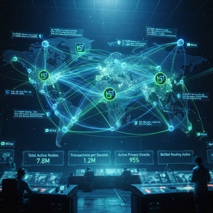 A futuristic digital control room displays a glowing world map network with connection lines, featuring icons and statistics like 'Total Active Nodes: 7.8M', 'Transactions per Second: 1.2M', and 'Active Privacy Shields: 95%'.