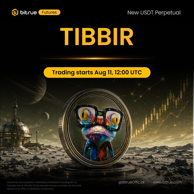 Bitrue Futures announces a new TIBBIR USDT Perpetual contract featuring an AI-agent token from the Virtuals ecosystem, with trading scheduled to begin on August 11 at 12:00 UTC. The promotional image showcases a cosmic-themed design with a colorful frog character coin, set against a lunar landscape with candlestick charts, visually emphasizing the token's fusion of AI, crypto, and futuristic fintech themes.