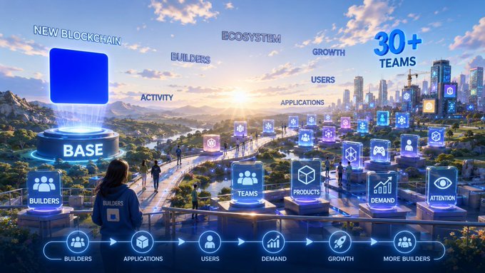 A promotional graphic for a 'NEW BLOCKCHAIN' ecosystem called 'BASE', showing '30+ TEAMS' with icons for Builders, Applications, Users, Demand, Growth, and More Builders.