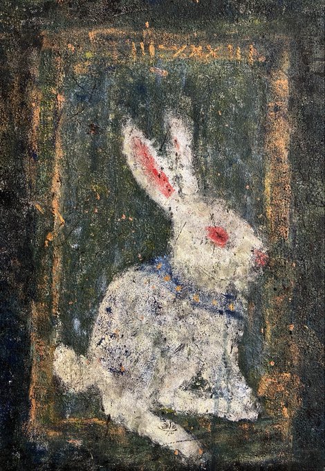 A weathered folk art painting of a white rabbit with pink ears and a red eye, rendered with textured brushstrokes against a dark green and brown framed background.