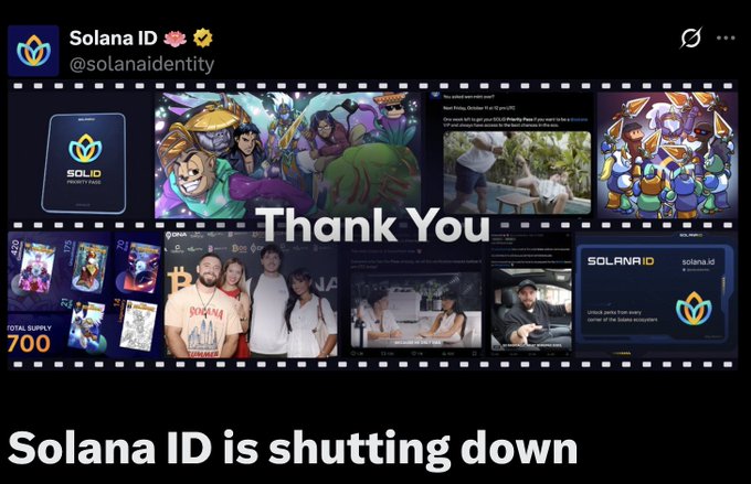 A composite image announcing 'Solana ID is shutting down' with a 'Thank You' banner over various screenshots and images from the @solanaidentity Twitter account.