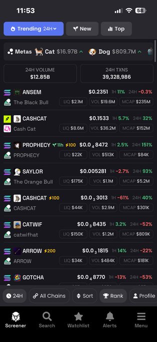Mobile app screener showing trending 24-hour crypto tokens including Metas (Cat $16.97B, Dog $809.7M) and others like ANSEM, CASHCAT, PROPHECY, SAYLOR, CASHCAT, CATWIF, ARROW, and GOTCHA with price and volume data.