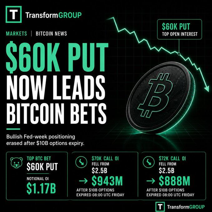Transform GROUP infographic titled '$60K PUT NOW LEADS BITCOIN BETS' showing a downward price chart, with key stats: $60K Put notional OI at $1.17B, $70K Call OI falling from $2.5B to $943M, and $72K Call OI falling from $2.5B to $888M after $10B options expired.