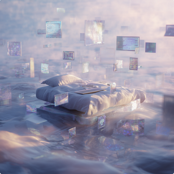 The image features a floating bed with a pillow, surrounded by numerous small pieces of paper that appear to be floating in mid-air above the bed. The papers are scattered throughout the scene, creating an abstract and surreal atmosphere. The text "Tezos Tusday" is present, which could potentially be related to the NFTs or digital art featured on the image.