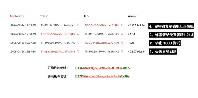 The image displays an on-chain transaction history showing a sequence of transfers: a victim address (starting with THdMx8mSTWm...76ehHX1) received 2,527,962.34 USDT, then sent 100 USDT to a legitimate-looking destination address (TDDD34bLEGg84...), followed by an outgoing 1.01 USDT to a spoofed address (TDDDH26zb2Nh...NrCr9Ps), and finally lost 2,527,862.34 USDT to that same spoofed address. The bottom highlights the correct destination address versus the fraudulent counterfeit address, illustrating how an address poisoning attack—where scammers mimic the first and last characters of a legitimate address—tricked the victim into sending 2.5M USDT to the wrong address.