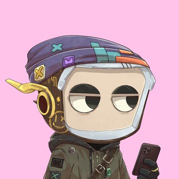 An anime-style character wearing a helmet with 'X' and 'Z' stickers and a gas mask-style visor looks at their phone against a pink background.