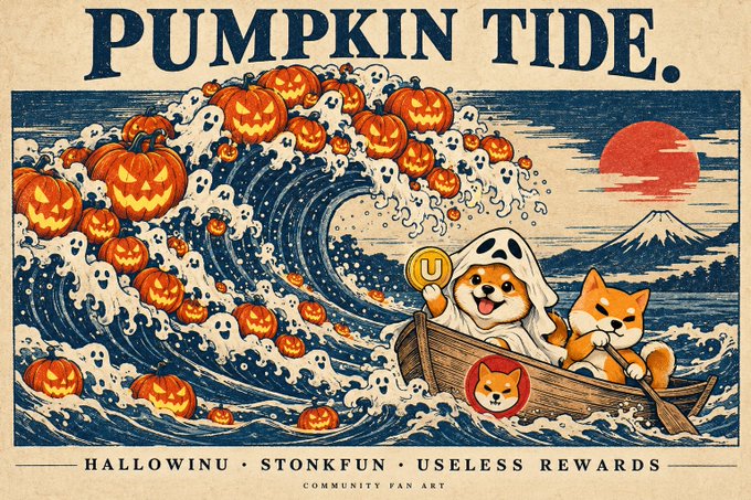 A 'PUMPKIN TIDE' illustration in the style of 'The Great Wave off Kanagawa', featuring a wave made of pumpkins and ghosts, a Shiba Inu dog and a Shiba cat in a boat, and the text 'HALLOWINU • STONKFUN • USELESS REWARDS' and 'COMMUNITY FAN ART'.