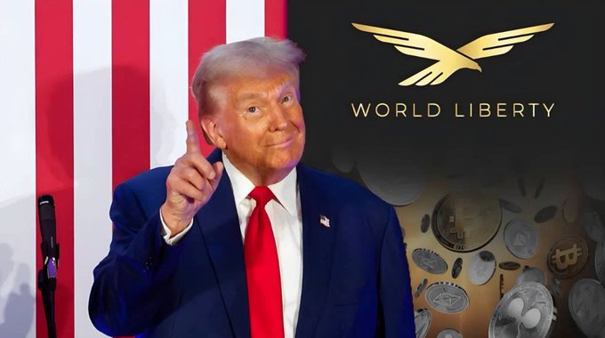 Donald Trump points upward while standing at a podium in front of a 'World Liberty' logo and a backdrop of cryptocurrency coins.