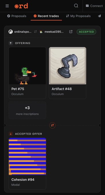 A screenshot from the Ordinals marketplace showing a recent trade between 'ordinalspo...' and 'meekad395...', where 'Pet #75' (Occultum) and 'Artifact #48' (Occultum) were exchanged for 'Cohesion #94' (Modal).