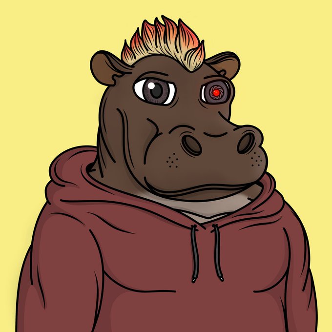 The image features a cartoon depiction of a brown hippopotamus wearing a red hoodie and has a red eye. The caption below the image reads "Hey Fighters, come enter in our Father'S Day holders Rumble Winner get'a @MHeepow Deviant and top 5 some Legendary Fighters Badges Happy Fathers Day to all my #Alorand Fams with crotch goblins Kidding, kiddos are awesome".