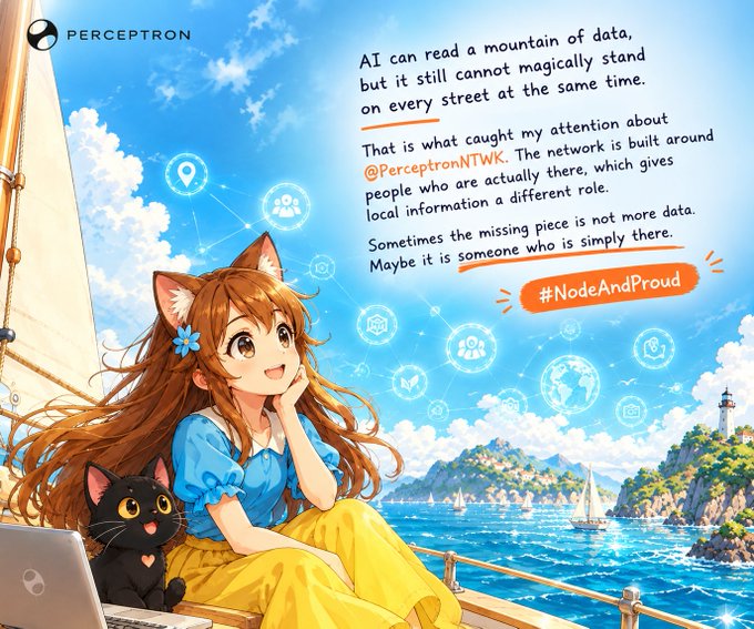 An anime-style illustration for Perceptron featuring a cat-eared girl on a boat overlooking a coastal scene, with text discussing AI, local networks, and the hashtag #NodeAndProud.