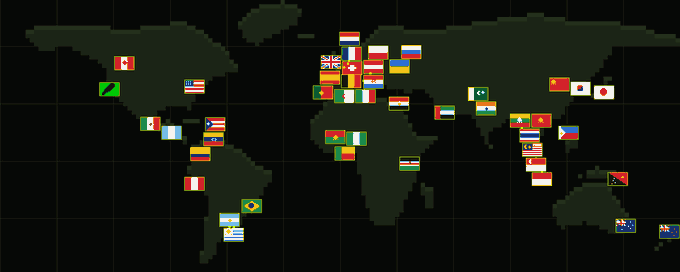 A world map displays approximately 50 national flags pinned across various continents, including the US, UK, Canada, Mexico, Brazil, China, Japan, India, and Australia, with arrows connecting some flags to show connections between countries. The map visually represents the global community participation in the #CityofStonks movement, with viewers invited to add their own flag at cityofstonks.com/map.