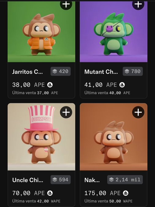 A screenshot of an NFT marketplace displaying four monkey avatars (Jarritos, Mutant Ch, Uncle Chi, and Nak) with their prices listed in APE cryptocurrency.