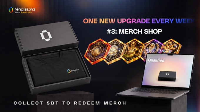 A promotional graphic for 'renaiss.xyz' advertising 'ONE NEW UPGRADE EVERY WEEK #3: MERCH SHOP' featuring t-shirts, collectible hexagonal NFTs, and a laptop with a 'Qualified' badge.